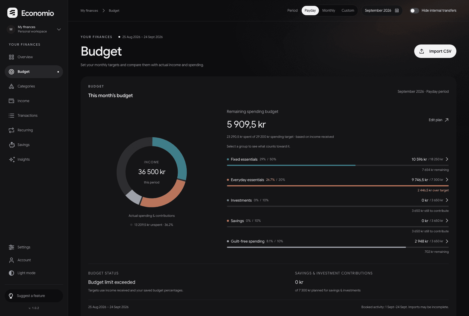 Actual Economio budget screen with a colour-coded spending allocation and saved sample budget.